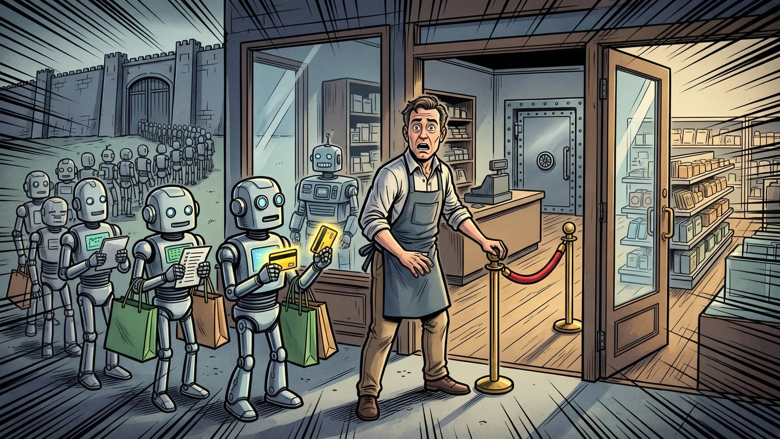 Comic illustration of an alarmed shopkeeper holding a velvet rope at his open store door as robots carrying shopping bags and credit cards line up to enter, with a checkout counter and vault inside and a fortress wall turning robots away in the distance