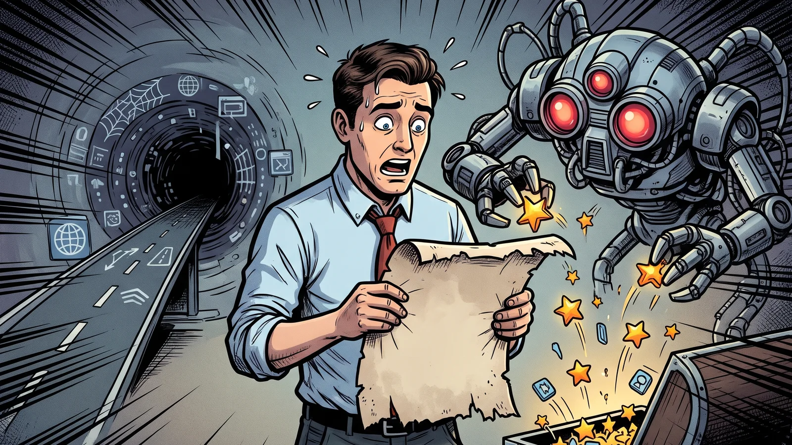 Comic illustration of a shocked man reading a torn contract while a robot grabs gold stars from a treasure chest beside a tunnel of websites