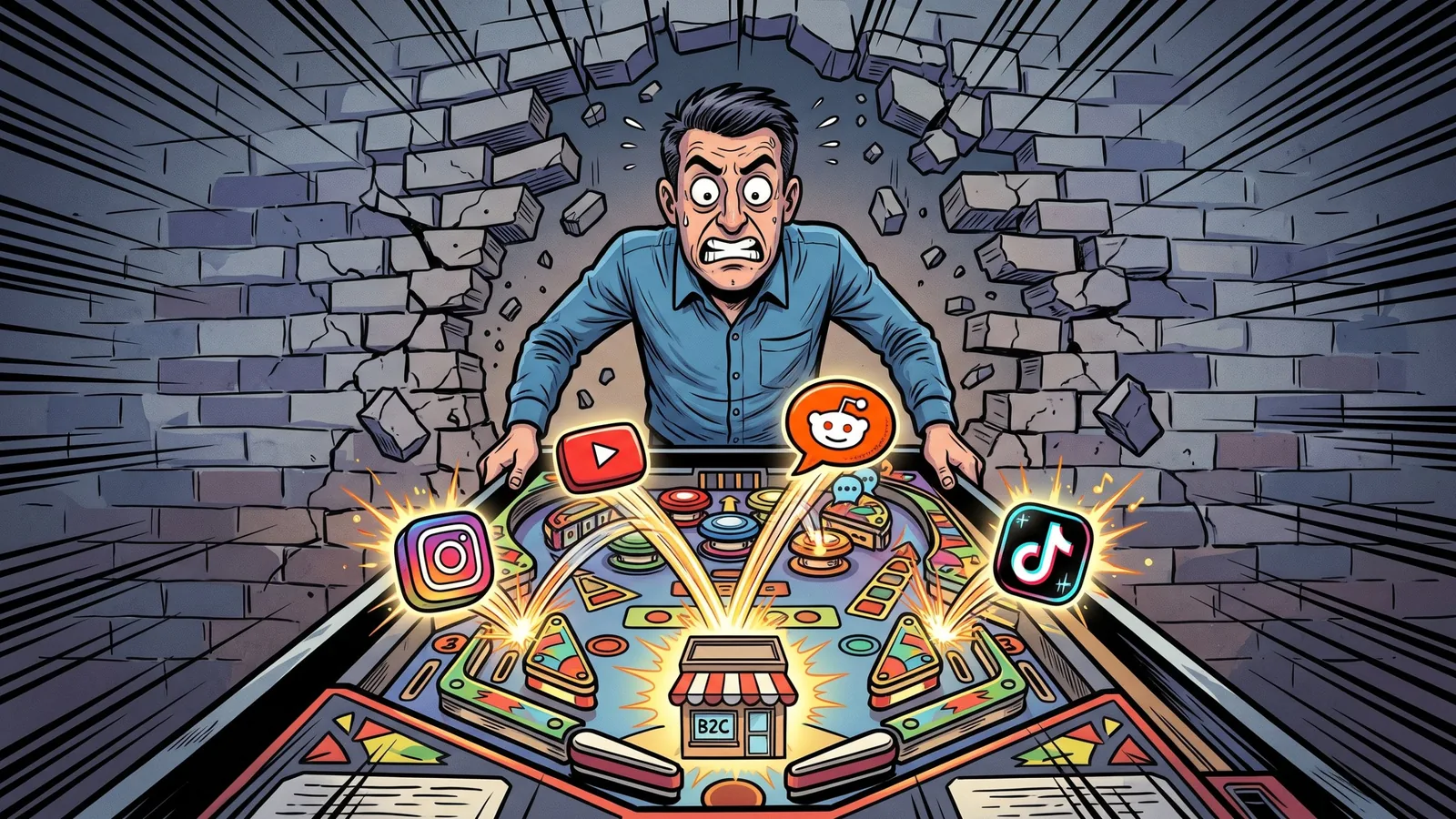 Comic illustration of a panicked marketer at a pinball machine as the ball bounces off social media bumpers toward a small storefront, while a brick wall behind him crumbles